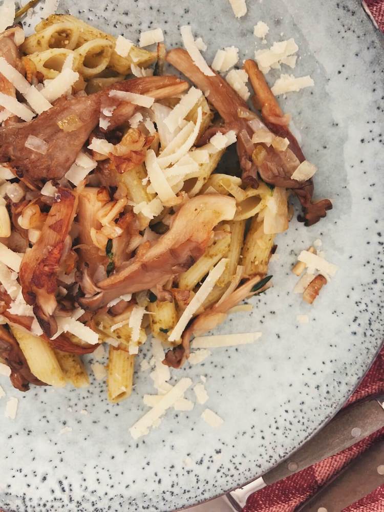 Pasta med pesto og østershatte opskrift